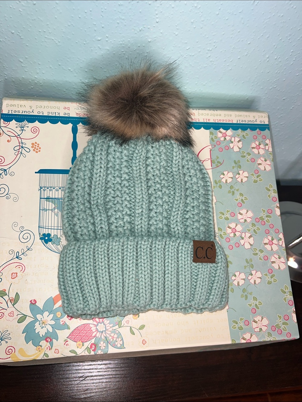 C.C Mint Knit Beanie Sherpa lined with Brown Faux Fur Pom